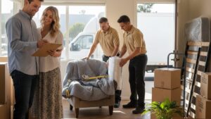 Sofa and table wrapped in moving blankets, showing how to pack furniture when moving house in Auckland