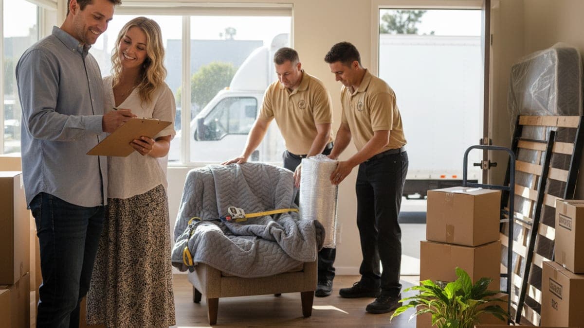 Sofa and table wrapped in moving blankets, showing how to pack furniture when moving house in Auckland